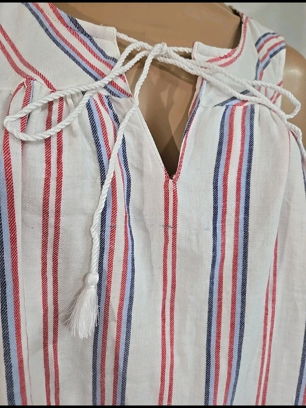 Seven7 Womens Large Sleeveless Tasseled Beachy Cotton Top White Red Blue Striped